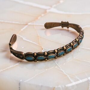 Vintage Native Genuine Turquoise Copper Signed Cuff Bracelet